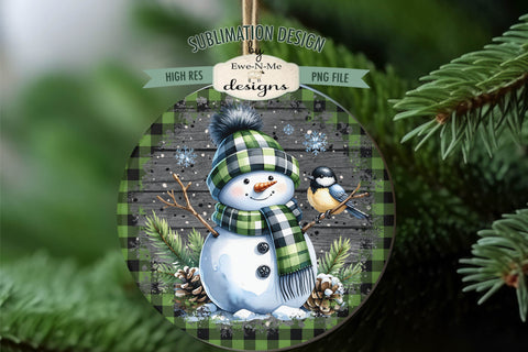 Green Plaid Snowman with Bird | Round Sublimation Design PNG Sublimation Ewe-N-Me Designs 
