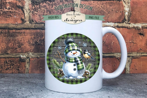 Green Plaid Snowman with Bird | Round Sublimation Design PNG Sublimation Ewe-N-Me Designs 