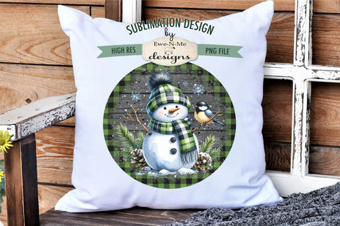 Green Plaid Snowman with Bird | Round Sublimation Design PNG Sublimation Ewe-N-Me Designs 