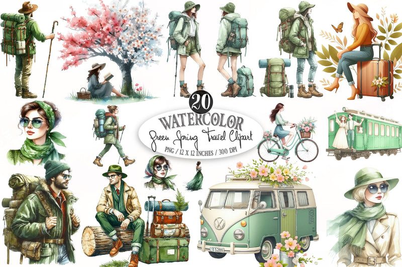Green Spring Travel Watercolor Clipart Sublimation SVGista 