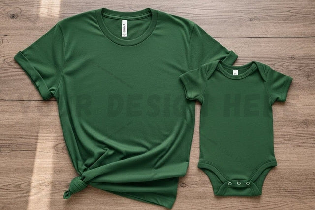 Green t-shirt and baby onesie set Mock Up Photo Regulrcrative 