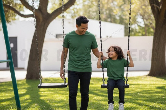 Green t-shirt mockup design - father and child swinging Mock Up Photo Regulrcrative 