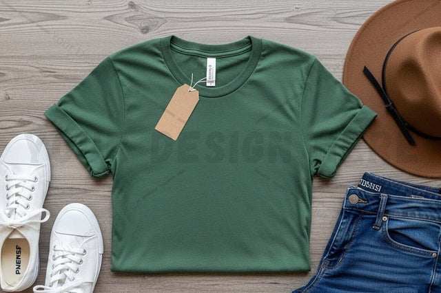 Green t-shirt mockup design with accessories Mock Up Photo Regulrcrative 