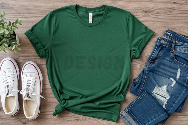 Green t-shirt mockup design with casual outfit Mock Up Photo Regulrcrative 
