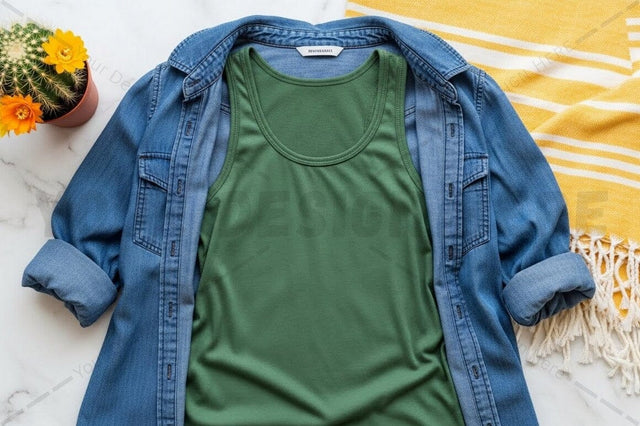 Green t-shirt mockup with denim jacket Mock Up Photo Regulrcrative 