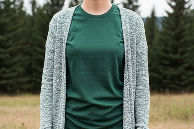 Green t-shirt with gray cardigan outdoor mockup Mock Up Photo Designangry 
