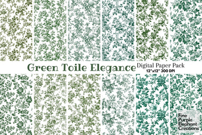Green Toile Elegance Digital Paper - Delicate Flower Garden Chinoiserie Digital Pattern Fine Purple Elephant Creations 