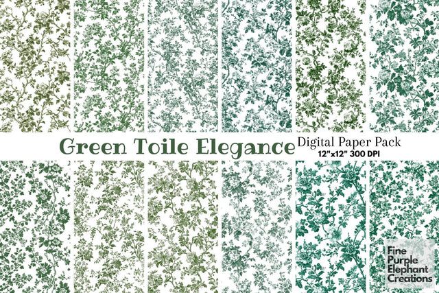 Green Toile Elegance Digital Paper - Delicate Flower Garden Chinoiserie Digital Pattern Fine Purple Elephant Creations 