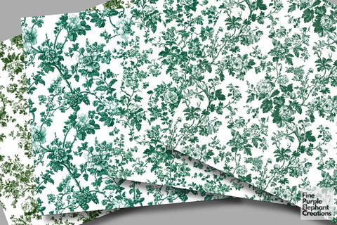 Green Toile Elegance Digital Paper - Delicate Flower Garden Chinoiserie Digital Pattern Fine Purple Elephant Creations 