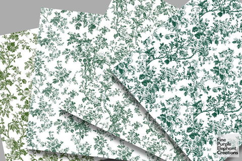 Green Toile Elegance Digital Paper - Delicate Flower Garden Chinoiserie Digital Pattern Fine Purple Elephant Creations 