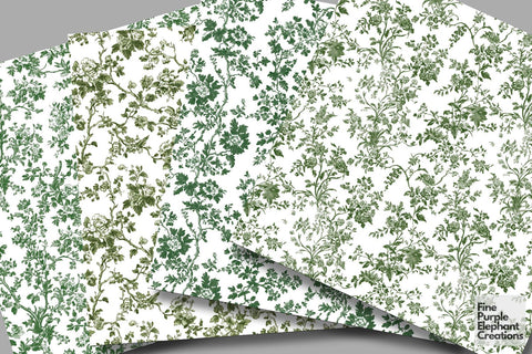 Green Toile Elegance Digital Paper - Delicate Flower Garden Chinoiserie Digital Pattern Fine Purple Elephant Creations 