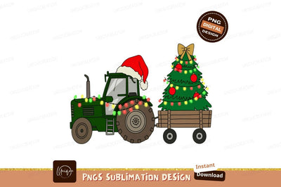 Green tractor pulling decorated Christmas tree lights Sublimation Designangry 