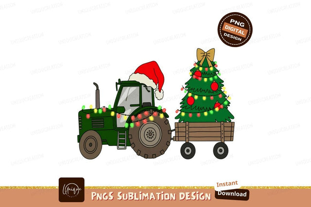 Green tractor pulling decorated Christmas tree lights Sublimation Designangry 