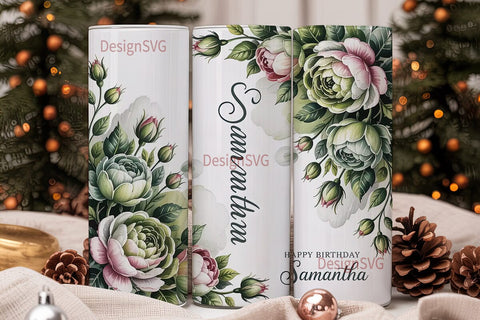 Green White Rose 20oz Tumbler Wrap Sublimation DesignSVG 