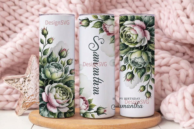 Green White Rose 20oz Tumbler Wrap Sublimation DesignSVG 