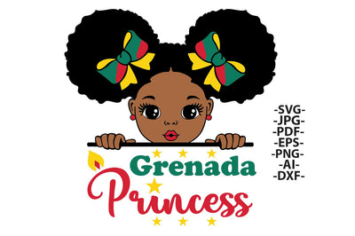 Grenada Princess Afro Girl SVG PNG JPG EPS AI DXF PDF Clipart with Bows and Flag Colors Sublimation Design for Shirt and Craft Projects SVG 1uniqueminute 