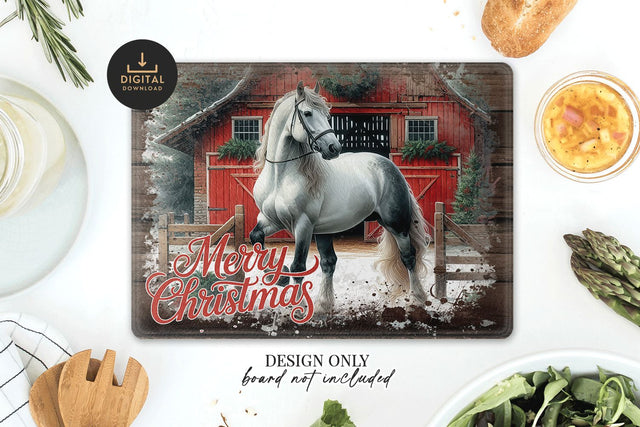 Grey Horse Christmas Barn Cutting Board Sublimation Art Sublimation BijouBay 