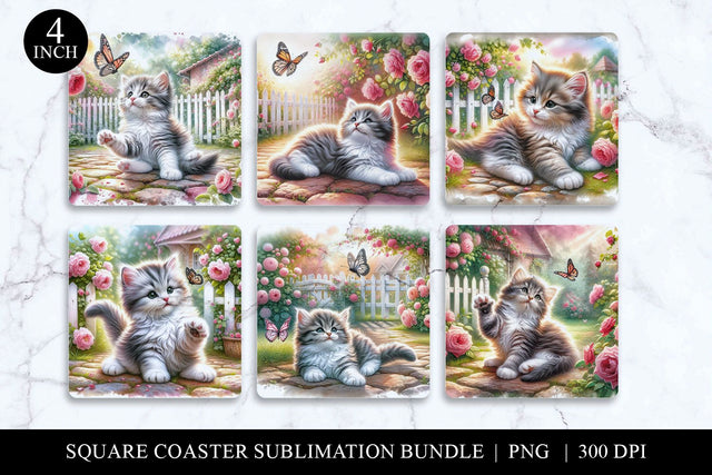 Grey Kitten Coaster Sublimation PNG Bundle Sublimation BijouBay 