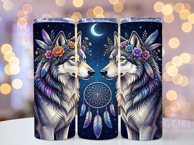 Grey Wolf Dreamcatcher 20oz Tumbler Wrap, Grey Wolf, Dreamcatcher Motif, Boho Style, Tribal Theme, Mystical Charm, Skinny Tumbler, Sublimation PNG Sublimation SvggirlplusArt 