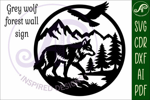 Grey wolf mountain scene wall sign svg laser cut SVG APInspireddesigns 