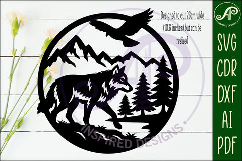 Grey wolf mountain scene wall sign svg laser cut SVG APInspireddesigns 