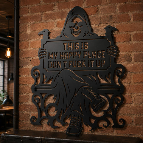Grim Reaper Sign Laser SVG | This Is My Happy Place Svg | Skeleton Metal Art | Halloween DXF | Plasma Cut File | CNC Wall Decor SVG HappyDesignStudio 