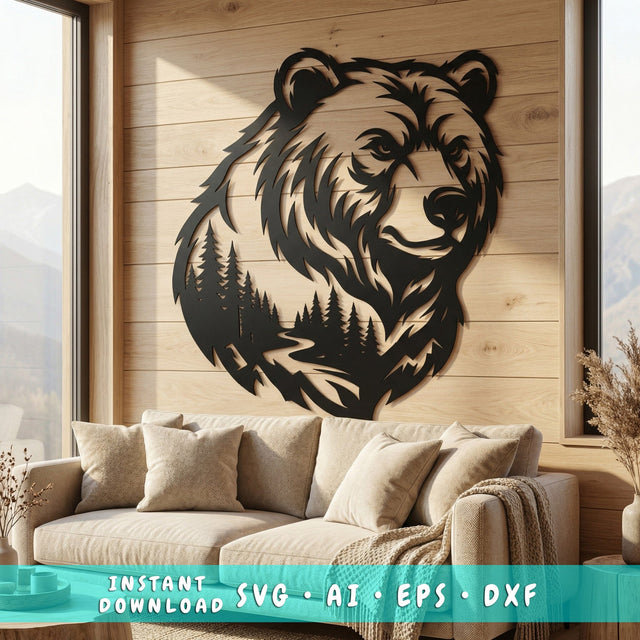 Grizzly Bear Metal Wall Art SVG | Wildlife Forest Bear DXF | Plasma CNC Cut File | Rustic Cabin Decor | Laser Cut Bear Svg Dxf Download SVG HappyDesignStudio 