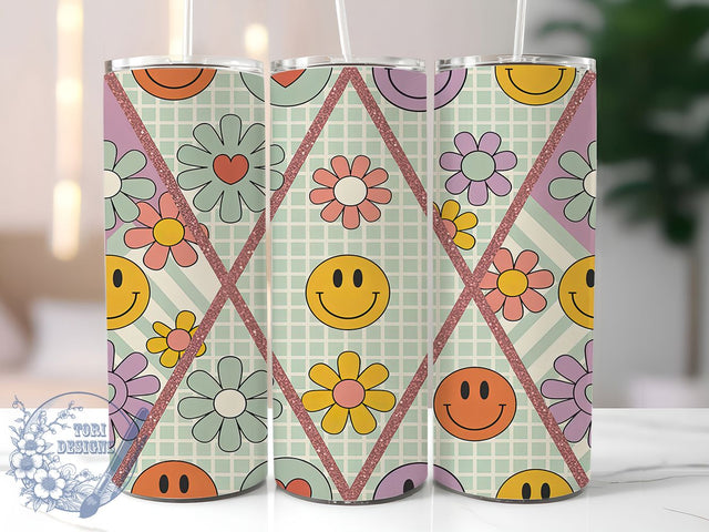 Groovy & Cheerful Retro Daisy Tumbler, Smiley Face Sublimation, 70s Flower Design, Vintage Daisy Wrap, Happy Face Tumbler, 20oz Sublimation Template, Boho Daisy Tumbler Design Sublimation ToriDesigns 