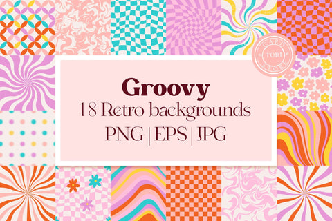 Groovy Digital Papers, Retro seamless patterns Digital Pattern Tori card store 