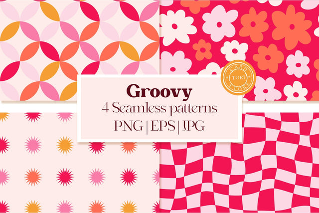 Groovy Digital Papers, Retro seamless patterns Digital Pattern Tori card store 