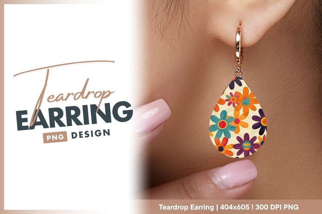 Groovy floral pattern retro style teardrop earring png Sublimation Regulrcrative 