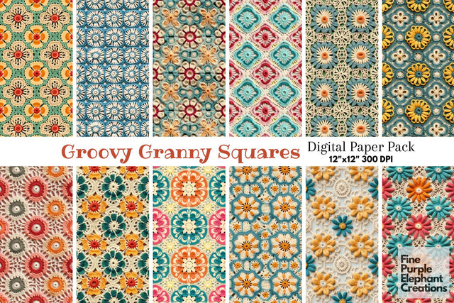 Groovy Granny Squares Crochet | Afghan Stitched Fabric Texture Digital Pattern Fine Purple Elephant Creations 