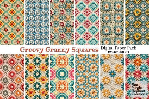 Groovy Granny Squares Crochet | Afghan Stitched Fabric Texture Digital Pattern Fine Purple Elephant Creations 