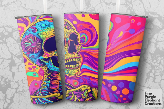Groovy Neon Psychedelic Skeleton Sublimation Tumbler Wrap Sublimation Fine Purple Elephant Creations 