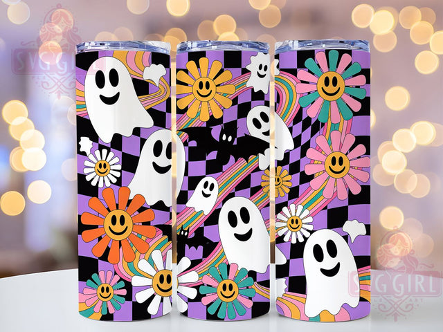 Groovy Retro Cute Halloween Ghost Tumbler, Cute Halloween Wrap, Retro Ghost Cup, Kawaii Spooky Design, 20Oz Sublimation Wrap, Funky Halloween Drinkware, Hippie Ghost Tumbler Sublimation SvggirlplusArt 