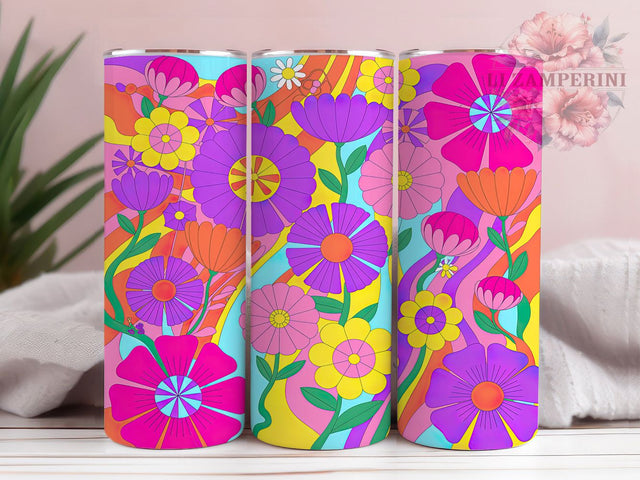 Groovy Retro Floral Tumbler, Hippie Retro Pattern, Psychedelic Floral Design, 20Oz Sublimation Wrap, Funky Flower Art, Vintage Hippie Texture, Tumbler Sublimation Sublimation Li Zamperini 
