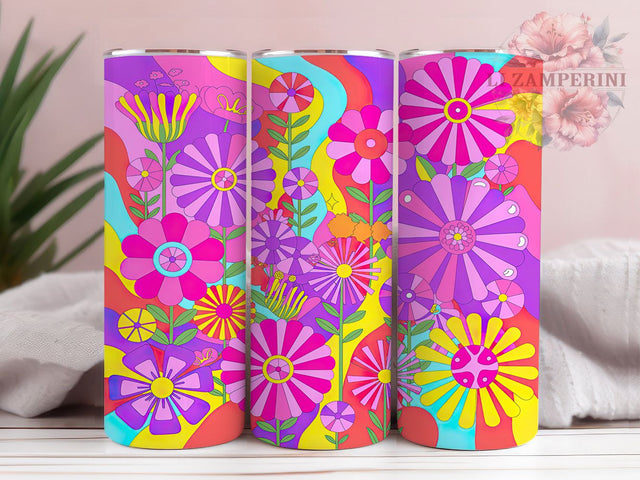 Groovy Retro Floral Tumbler, Hippie Retro Pattern, Psychedelic Floral Design, 20Oz Sublimation Wrap, Funky Flower Art, Vintage Hippie Texture, Tumbler Sublimation Sublimation Li Zamperini 