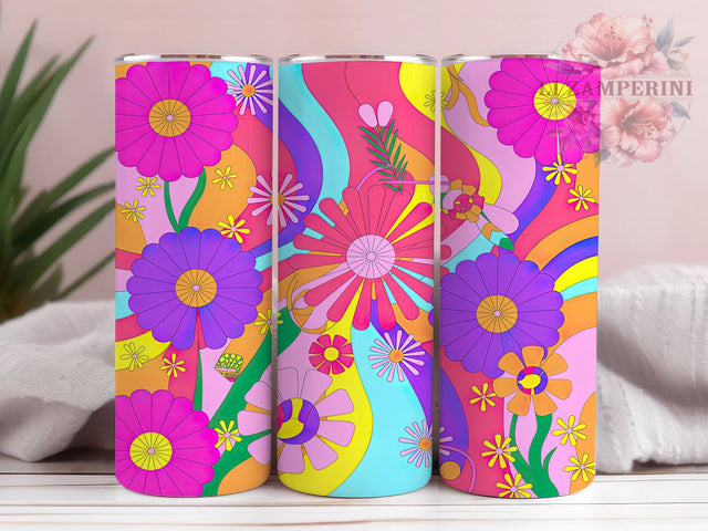 Groovy Retro Floral Tumbler, Hippie Retro Pattern, Psychedelic Floral Design, 20Oz Sublimation Wrap, Funky Flower Art, Vintage Hippie Texture, Tumbler Sublimation Sublimation Li Zamperini 