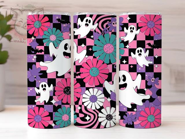 Groovy Retro Ghost Halloween Tumbler, Retro Cute Ghost Tumbler Design, Vintage Spooky Sublimation Wrap, 70s Style Halloween Coffee Tumbler, Funky Cute Halloween Drinkware Sublimation Lara' s Designs 