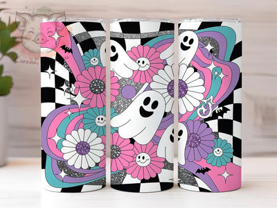 Groovy Retro Ghost Halloween Tumbler, Retro Cute Ghost Tumbler Design, Vintage Spooky Sublimation Wrap, 70s Style Halloween Coffee Tumbler, Funky Cute Halloween Drinkware Sublimation Lara' s Designs 