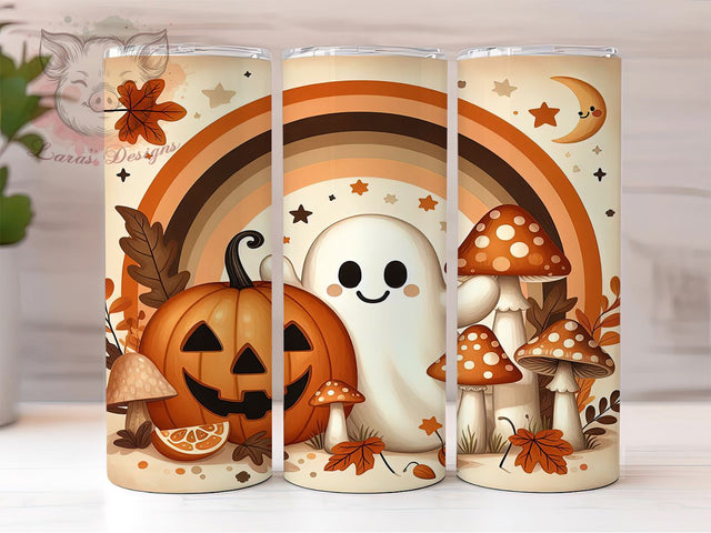 Groovy Retro Rainbow Ghost Tumbler Wrap, Retro Rainbow Wrap, 70s Halloween PNG, Boho Autumn Cup, Hippie Ghost Design, 20OZ Sublimation Wrap, Funky Halloween Tumbler Sublimation Lara' s Designs 