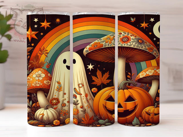 Groovy Retro Rainbow Ghost Tumbler Wrap, Retro Rainbow Wrap, 70s Halloween PNG, Boho Autumn Cup, Hippie Ghost Design, 20OZ Sublimation Wrap, Funky Halloween Tumbler Sublimation Lara' s Designs 