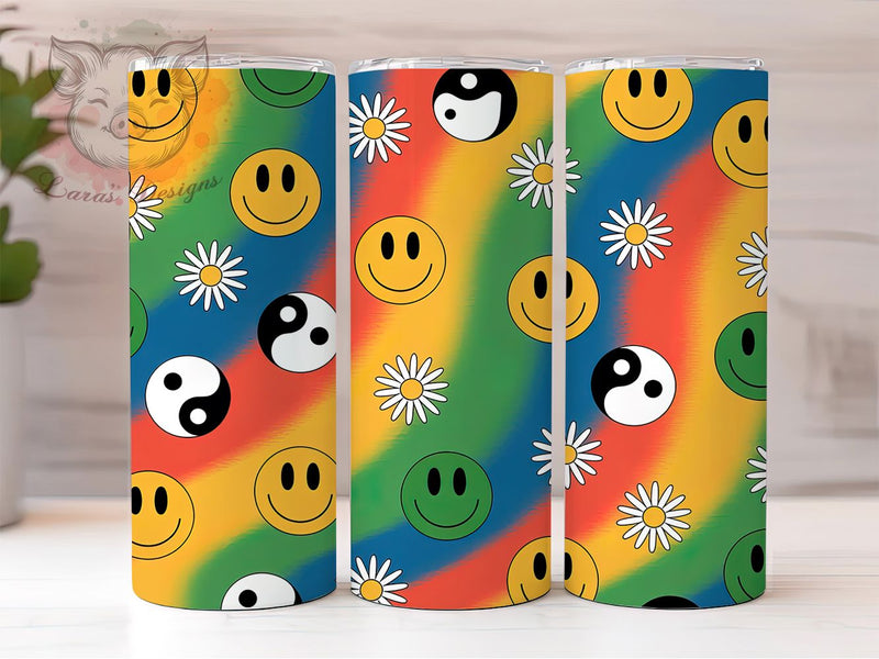 Groovy Retro Smiley Face Hippie Tumbler, Retro Happy Wrap, 20Oz Tumbler Sublimation, Vintage Smiley Cup, Hippie Style Drinkware, Funky Retro Mug, Peace And Love Design Sublimation Lara' s Designs 