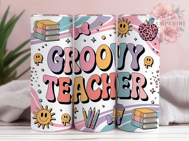 Groovy Retro Teacher Gift Tumbler, Groovy Teacher Wrap, 20oz Sublimation, Cute Teacher Cup, Vintage Teacher Mug, Back To School Tumbler, Teacher Gift Drinkware Sublimation Li Zamperini 
