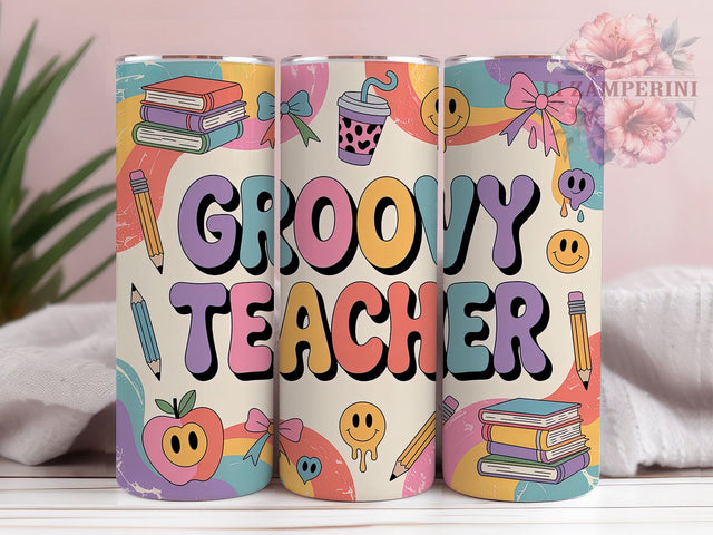 Groovy Retro Teacher Gift Tumbler, Groovy Teacher Wrap, 20oz Sublimation, Cute Teacher Cup, Vintage Teacher Mug, Back To School Tumbler, Teacher Gift Drinkware Sublimation Li Zamperini 