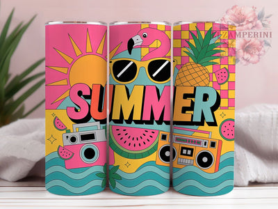 Groovy Summer Vibes 20oz Tumbler, Groovy Summer Vibes Quote, Cheerful Flamingo Illustration, Tropical Coastal Style, Vibrant Retro Design, Sublimation Tumbler Wrap, 20oz Tumbler Sublimation Li Zamperini 