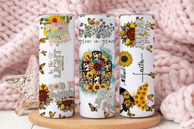 Grow in Grace Christian Sunflower Bible Verse Religious Jesus 20oz God Skinny Tumbler Wrap PNG Sublimation Designs Sublimation DesignSVG 