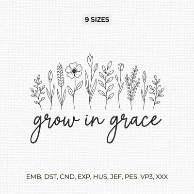Grow in Grace Embroidery Design – Minimalist Wildflower Christian Faith Floral Machine Embroidery File Embroidery/Applique DESIGNS PatternFeed8 