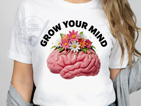 Grow Your Mind Retro T-Shirt PNG, Pink Brain, Cartoonish Folds, Sprouting Daisies, Green Leaves, Skinny Tumbler, Sublimation PNG Sublimation ToriDesigns 