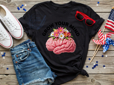 Grow Your Mind Retro T-Shirt PNG, Pink Brain, Cartoonish Folds, Sprouting Daisies, Green Leaves, Skinny Tumbler, Sublimation PNG Sublimation ToriDesigns 
